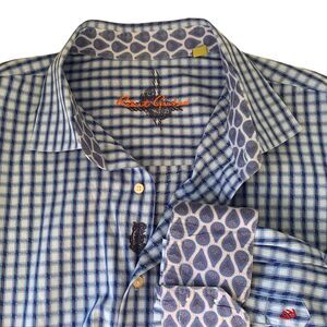 Robert Graham Mens Shirt 2XLB Blue Plaid Button Down Paisley Contrast Flip Cuff